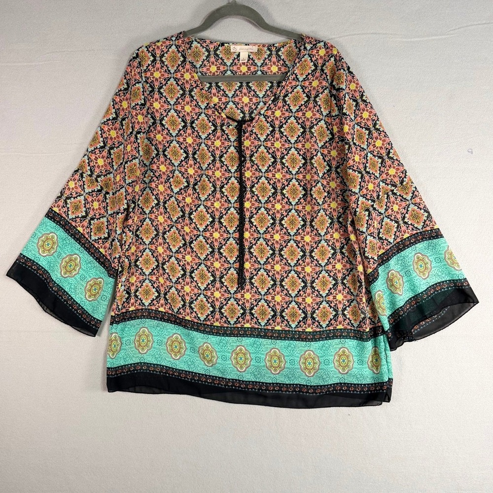 Gypsy Hippie Festival Blouse L Multi-Color Geometric Bell Sleeve Boho Chiffon